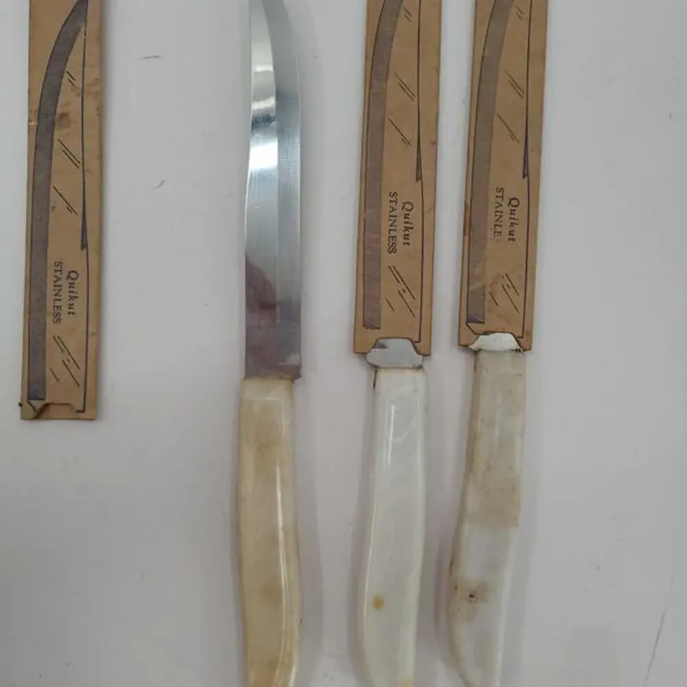 Mid Century Quikut Stainless Steel Early Plastic White Handle 3 Steak‎ Knives